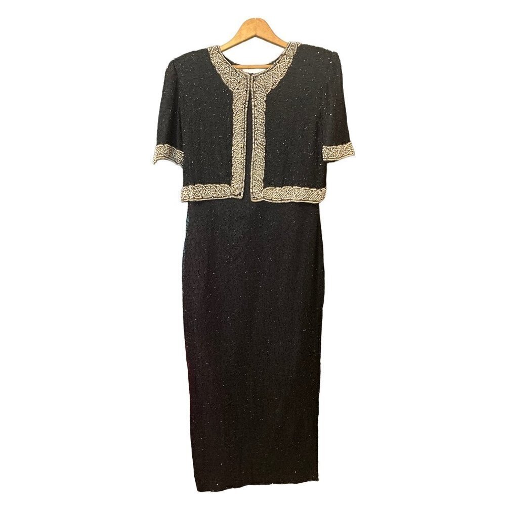 Lawrence Krazer One Piece Beaded Dress With Attached Jacket LRG Black White NWOT